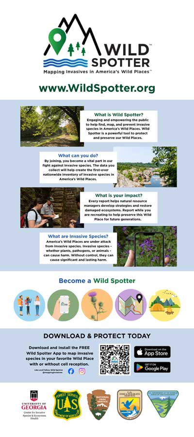 Design for a retractable banner featuring the Wild Spotter logo at the top, four horizontal sections each with an image and supporting text reading, "What is Wild Spotter?", "What Can You Do?", "What is your Impact?", and "What Are Invasive Species?". Then, a horizontal row of icons under the heading "Become a Wild Spotter" and a call-to-action section at the bottom, including a QR Code labeled "Download & Protect Today".