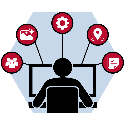 Graphic of person sitting in front of computer, with icons arrayed above the monitor. Icons are: users, photograph, cog/gear, map point, and document.