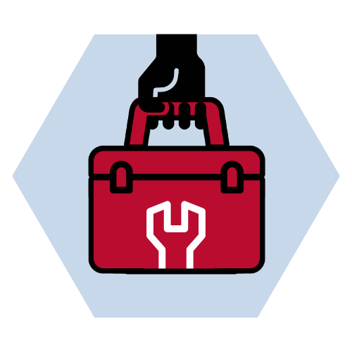 Graphic of a hand holding a toolbox.