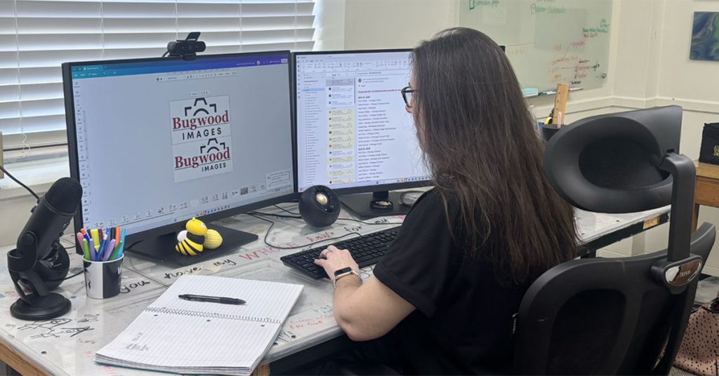 Person sitting and working at desk with 2 computer screens designing logos.
