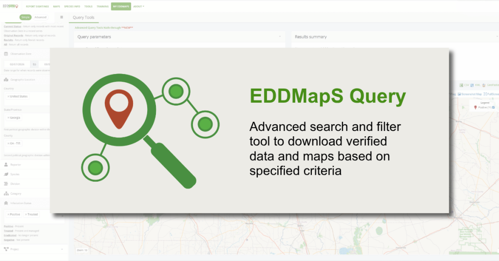 Graphic reading "EDDMapS Query - Advanced search and filter tool to download verified data and maps based on specified criteria" and icon composed of a map point inside a magnifying glass lens connecting to 3 dots depicting data.