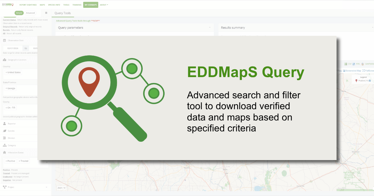 Graphic reading "EDDMapS Query - Advanced search and filter tool to download verified data and maps based on specified criteria" and icon composed of a map point inside a magnifying glass lens connecting to 3 dots depicting data.